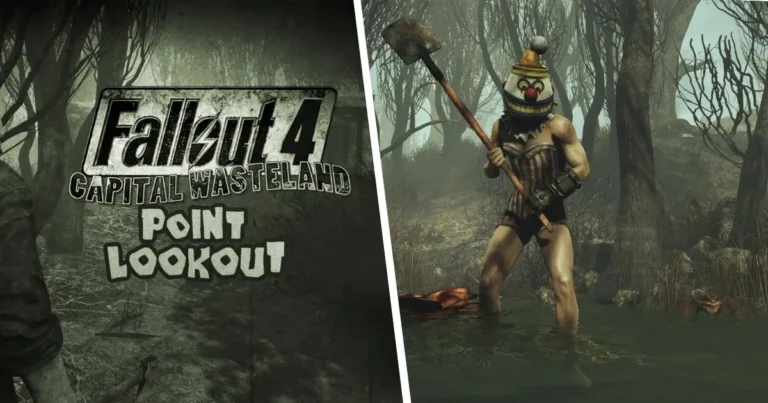 Screenshot of Fallout 4 Point Lookout mod showing a foggy swamp environment and mysterious mansion.