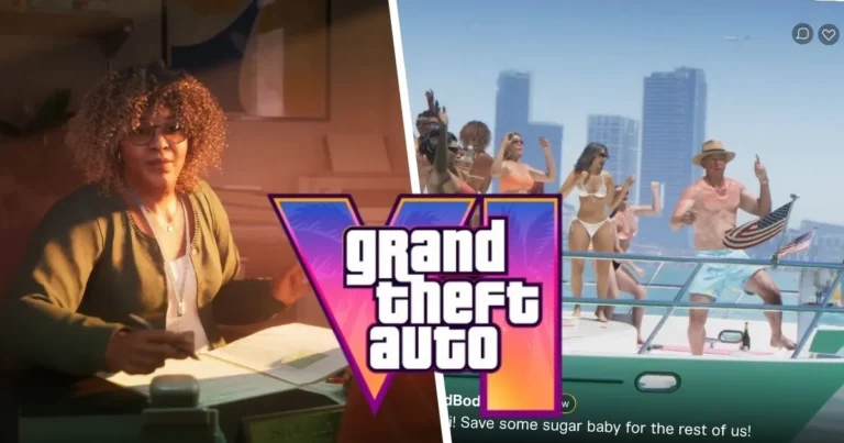 A teaser image of Grand Theft Auto 6 with Rockstar Games logo and Vice City-inspired neon lights.