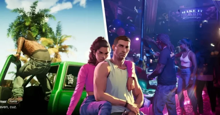 Grand Theft Auto VI promotional artwork hinting at a fall 2024 release, surrounded by fans’ reactions.