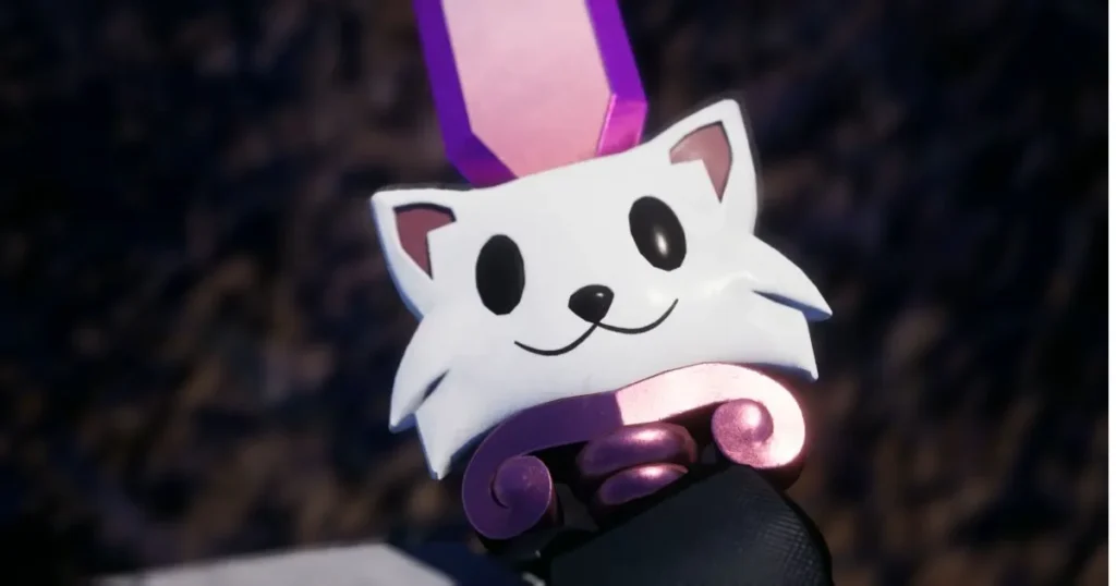 Meowmeow weapon from Palworld x Terraria collaboration showcasing its bullet-firing melee action.