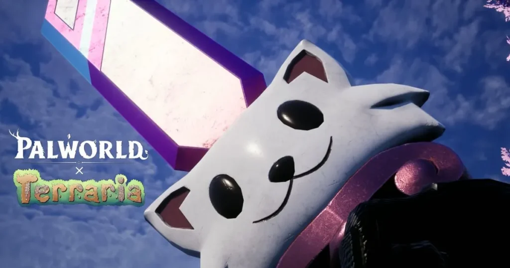 Meowmeow weapon from Palworld x Terraria collaboration showcasing its bullet-firing melee action.